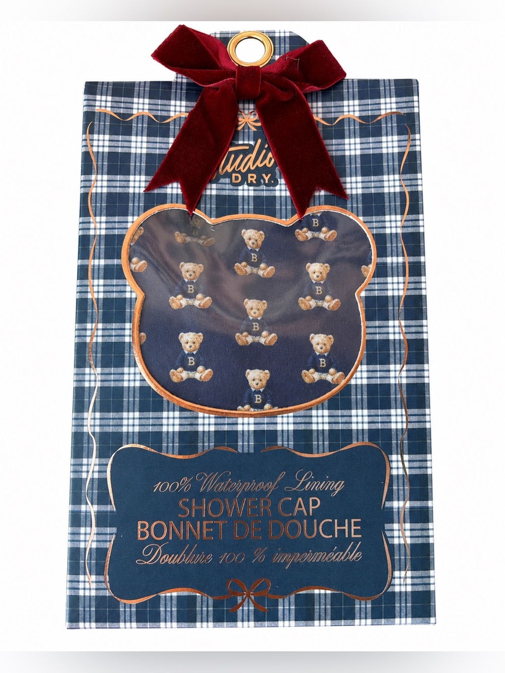 Studio Navy Teddy Bear Shower Cap with Burgundy Bow